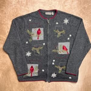 Croft & Barrow Cardinal Embroidered Sweater Zip Up Knit Women's Large Holiday